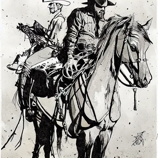 Prompt: a portrait of a cowboy and his horse, by sergio toppi