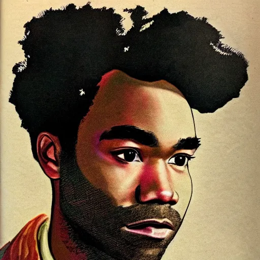 Prompt: “Donald Glover portrait, color vintage magazine illustration 1950”