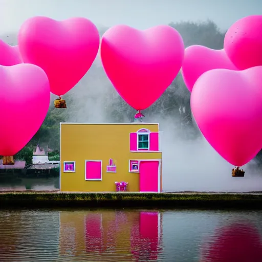 Prompt: a 5 0 mm lens photograph of a cute pink floating house in the air, held in by heart shaped vibrant ballons, inspired by the movie up. mist, playful composition canon, nikon, award winning, photo of the year