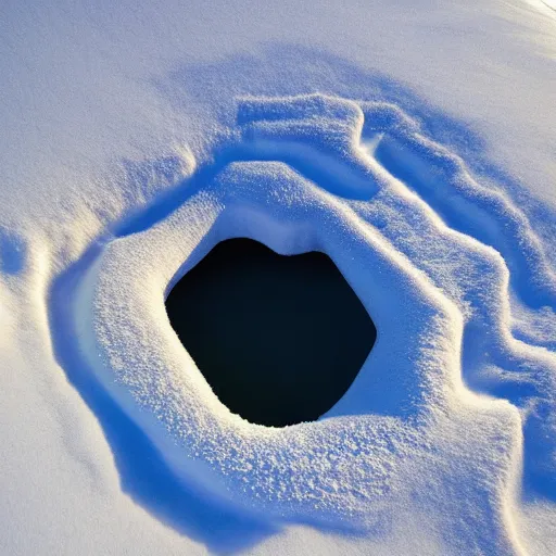 Prompt: a top down view of a hole in the snow with a wormhole that leads into another dimension, highly detailed, National Geographic Photo