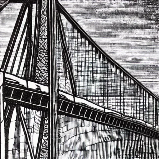 Image similar to steel suspension bridge built in 1 9 2 8, side view, woodcut style,