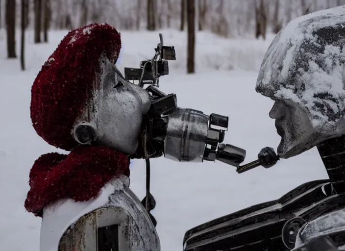 Prompt: a beautiful, cold metal robot that is kissing a cinematographer