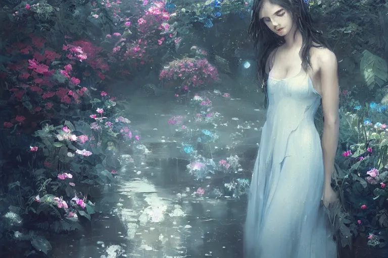 Image similar to a beautiful painting of blue roses garden, girl, by greg rutkowski, trending on artstation