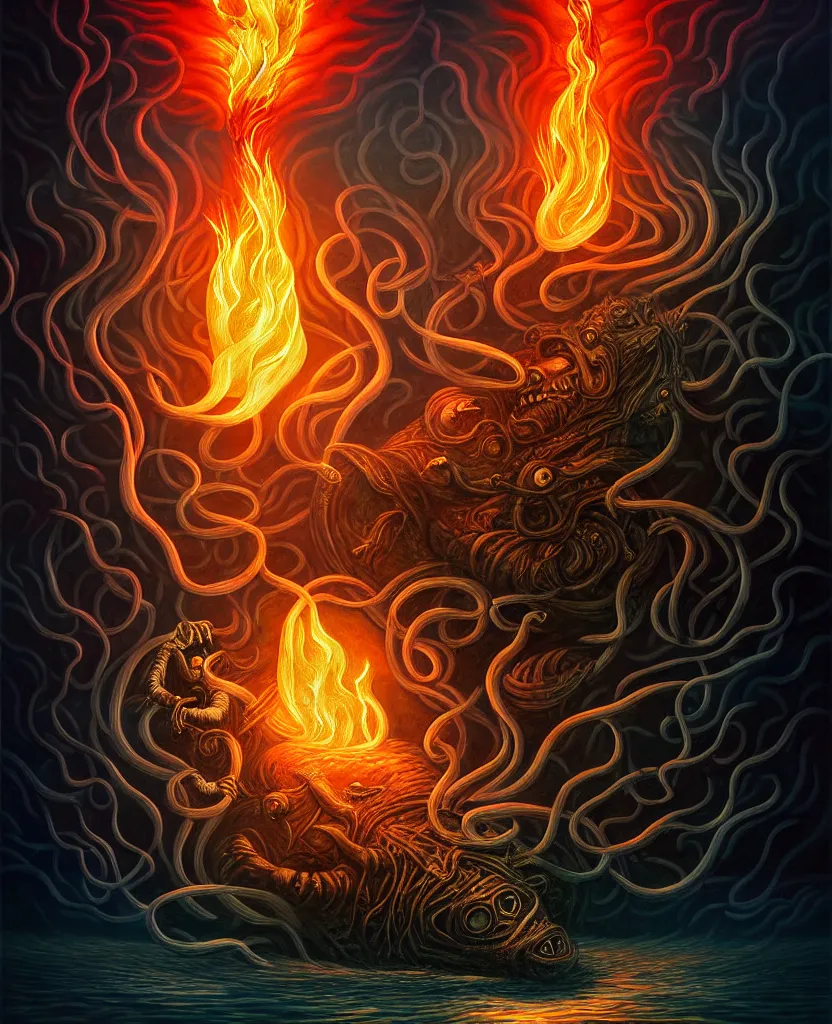 Image similar to mysterious bestiary of wild emotion monsters repressed in the deep sea of unconscious of the psyche lead by baba yaga, about to rip through and escape in a extraordinary revolution, dramatic fire glow lighting, surreal painting by ronny khalil