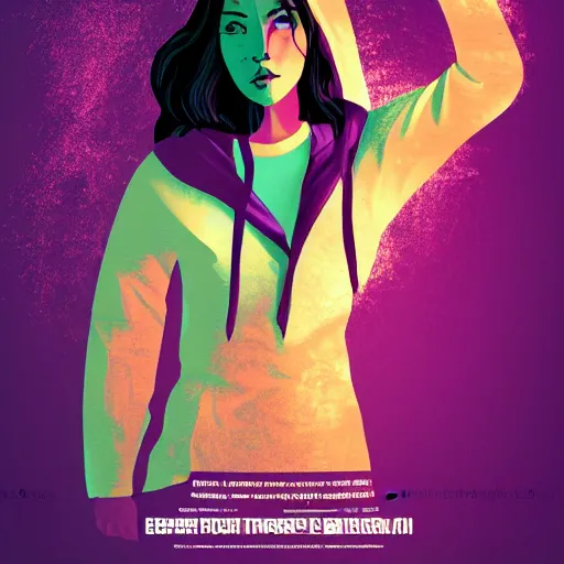 Image similar to poster artwork, sci fi, a female, full body, black hoodie techie, black hair with purple streaks, 8 k