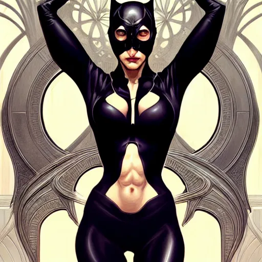 Prompt: symmetry!! intense fanart of catwoman, intricate, elegant, highly detailed, my rendition, digital painting, artstation, concept art, smooth, sharp focus, illustration, art by artgerm and greg rutkowski and alphonse mucha