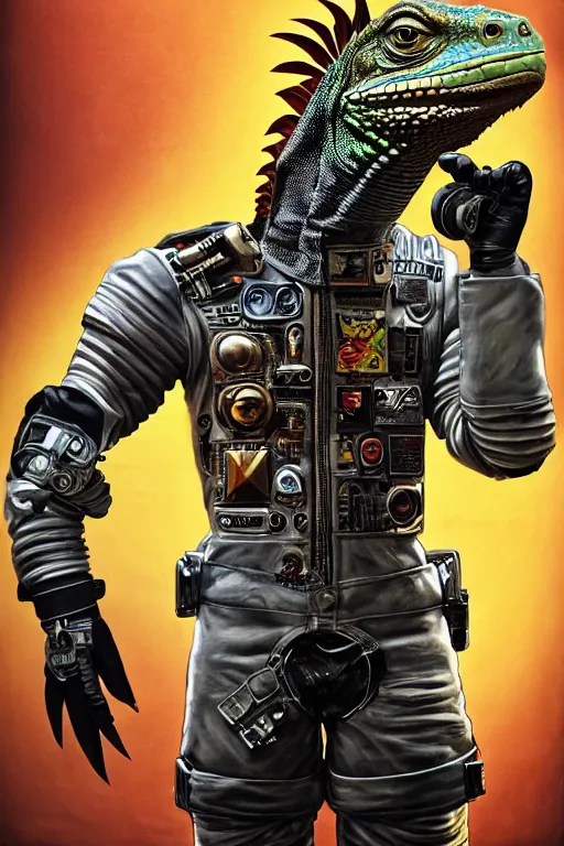 Image similar to a portrait of a muscular anthropomorphic cyberpunk iguana! in leather spacesuit armor with a large head by sandra chevrier, by jon foster, detailed render, pistol in holster, tape deck, epic composition, cybernetics, 4 k realistic, cryengine, realistic shaded lighting, sharp focus, masterpiece, by enki bilal