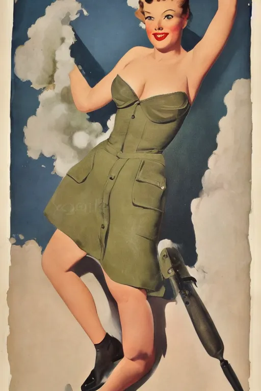 Prompt: a portrait one full body pin up post war dressing a military unioform,a garden backgound Gil Elvgren,Vaughan Bass,Joyce Ballantyne style,center composition,anatomically correct