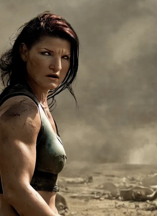 Image similar to photography gina carano prehistoric postapocalyptic survivor cinematic