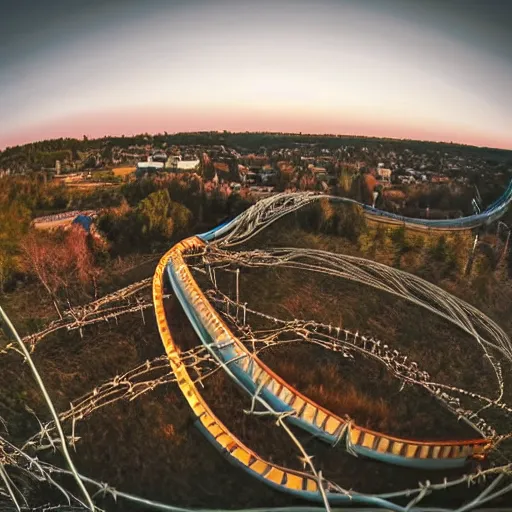 Image similar to a rollercoaster, tracks of barbed wire, birds eye view, hyperrealistic, fisheye