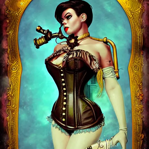 Image similar to lofi underwater bioshock steampunk corset portrait, Pixar style, by Tristan Eaton Stanley Artgerm and Tom Bagshaw.