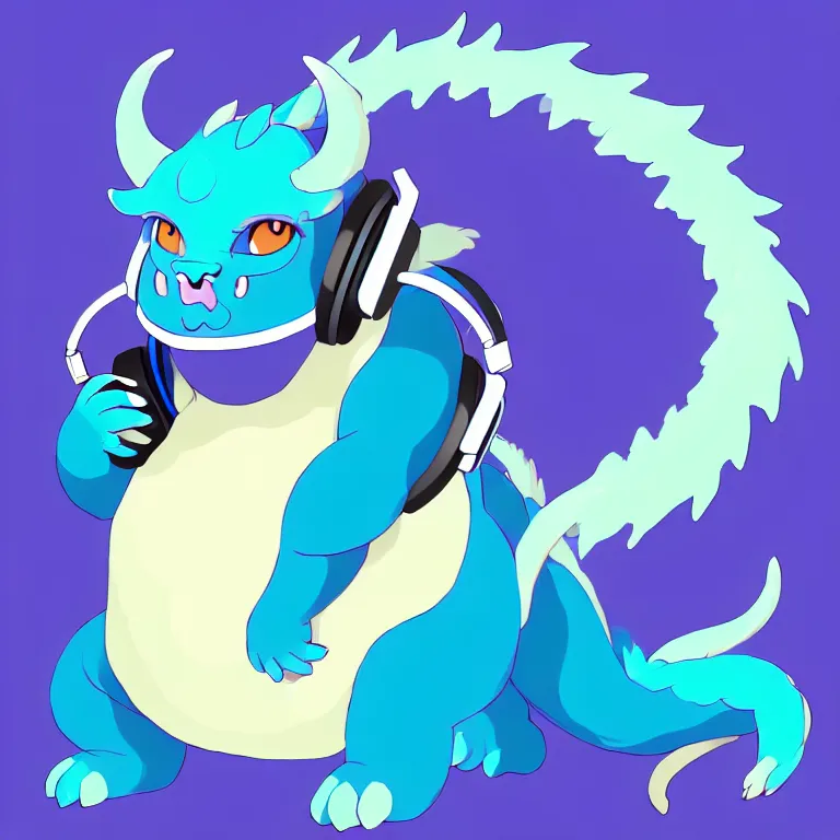 Image similar to a chubby anthropomorphic male blue dragon fursona, headphones on his head, cute, furry, beautiful, soft colors, oil on canvas, digital art, soft lighting