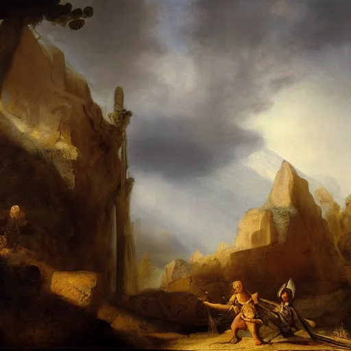 Prompt: painting of a cinematic still of a powerful beautiful valkyrie, holding a sword golden in her hand by rembrandt van rijn and hubert robert, 2 0 0 mm, ancient norse ruins in the background, dramatic clouds