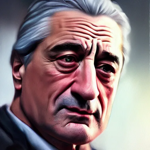 Image similar to realistic portrait of young robert de niro, trending on artstation, low angle oil painting and composition laws, cinematic lighting, hyperdetailed, cgsociety, 8 k