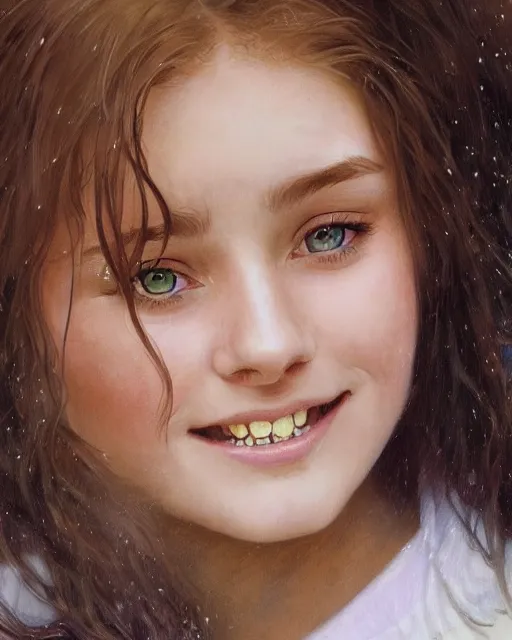 Image similar to close up portrait of 1 5 - year - old girl, smile with large front teeth, hermione granger, very bushy brown hair, and very bright brown eyes, wearing white shirt, hyper realistic face, beautiful eyes, close up, fantasy art, in the style of greg rutkowski, intricate, alphonse mucha, hyper detailed, smooth