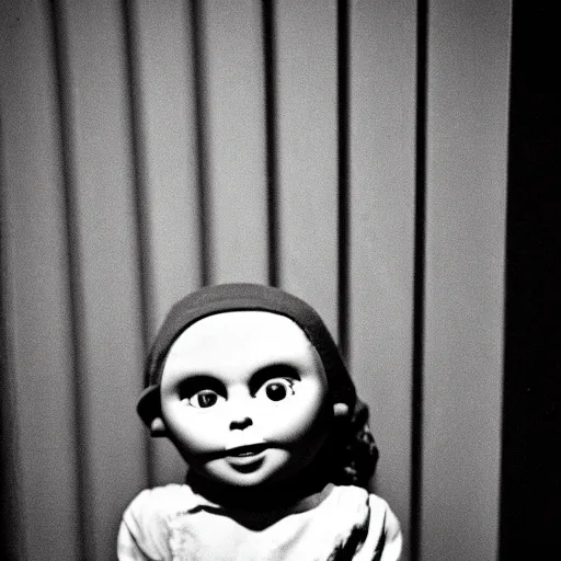 Prompt: a creepy doll with an unnatural smile from a horror movie, it is deformed and is staring at the camera from the end of a dark liminal hallway. caught on vhs, film grain, flashlight lighting,