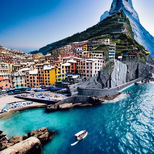 Image similar to matterhorn in the seaside with cinque terre cities on a cliff, drone picture, very realistic