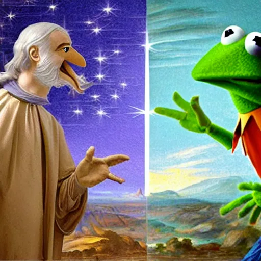 Prompt: the creation of adam but with kermit the frog and jim henson instead, muppets, renaissance style, heavenly, cosmic, god rays, intricate detail, 8 k,