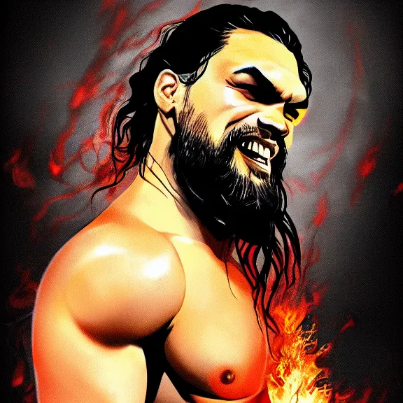 Image similar to digital painting of jason momoa on fire. portrait. ArtStation. Rule of thirds. Silouette. Pain. Marco Bucci.