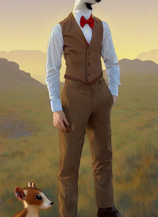 Image similar to Character portrait of a happy furry anthro stoat wearing a white dress shirt, tan vest, red bowtie, and black slacks in the desert wilderness, intricate, elegant, highly detailed, digital painting, artstation, concept art, smooth, sharp focus, illustration, art by Krenz Cushart and Artem Demura and alphonse mucha