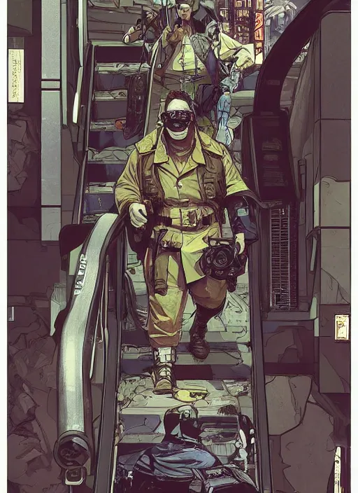 Image similar to cyberpunk paul blart falling down escalator. portrait by ashley wood and alphonse mucha and laurie greasley and josan gonzalez and james gurney. spliner cell, apex legends, rb 6 s, hl 2, d & d, cyberpunk 2 0 7 7. realistic face. vivid color. dystopian setting.