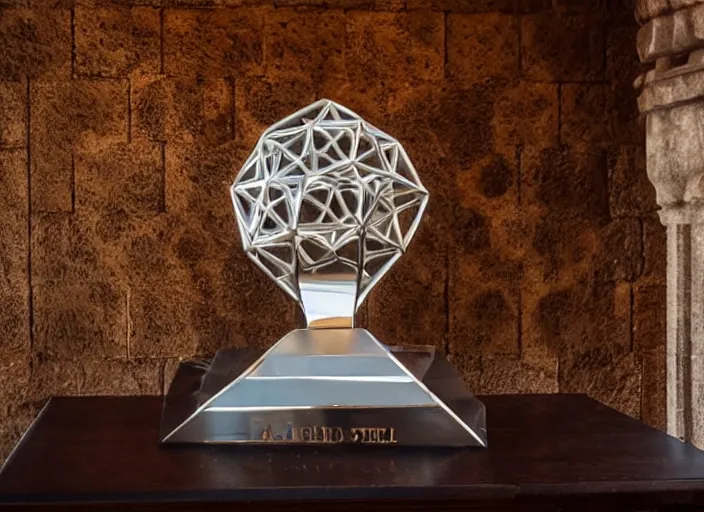 Image similar to a reflective symmetrical polyhedral 3 d printed steel engineering trophy at a high end bar in a medieval themed castle in golden afternoon light, professional food photography