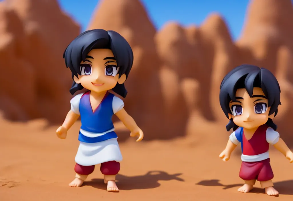 Image similar to young aladdin as nendoroid running in desert village, 8 k hd dof, kodak film,