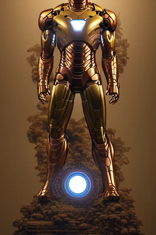 Image similar to digital masterpiece illustration concept art of porcelain statue of buddha gautama as iron man, extremely detailed and intricate complexity, epic composition, magical atmosphere, cinematic lighting, wide long shot, trending on artstation, 8 k