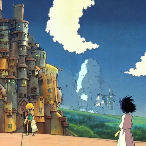 Prompt: howl's moving castle by studio ghibli, matte painting