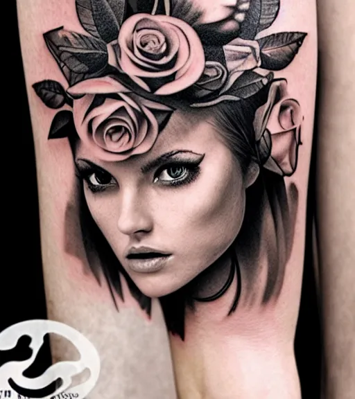 Image similar to tattoo design on white background of a beautiful girl warrior, roses, hyper realistic, realism tattoo, by eliot kohek, beautiful eyes, realistic face, black and white