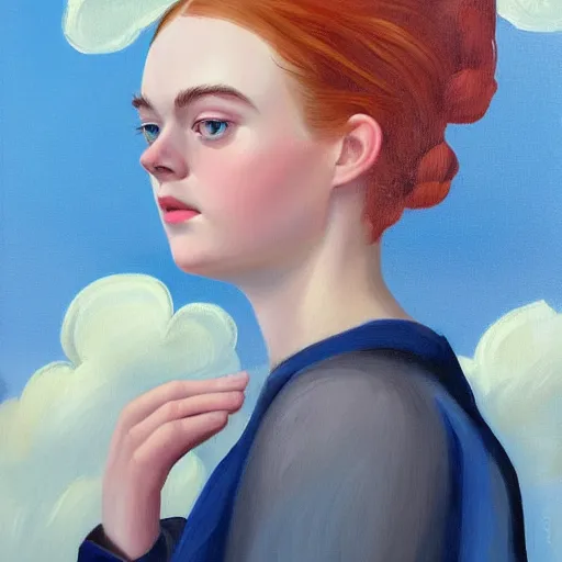 Image similar to professional painting of Elle Fanning in the style Agnes Lawrence Pelton, head and shoulders portrait, symmetrical facial features, smooth, sharp focus, illustration, intricate, stormy weather, extremely detailed masterpiece,