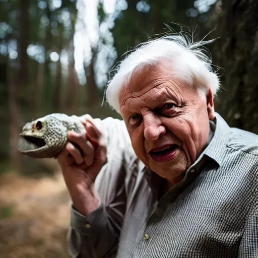 Prompt: David Attenborough with a terrifying creature, Canon EOS R3, f/1.4, ISO 200, 1/160s, 8K, RAW, unedited, symmetrical balance, in-frame