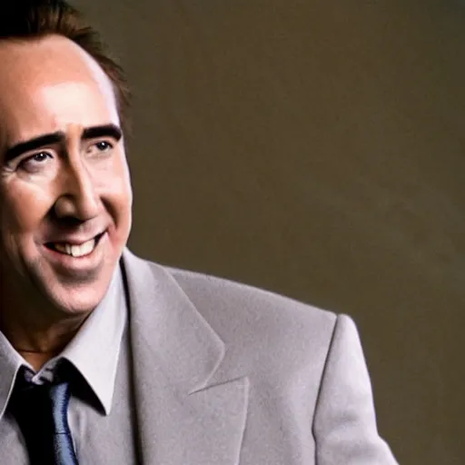 Prompt: A still of Nicholas Cage. Medium shot. He's smiling and looking into the camera.
