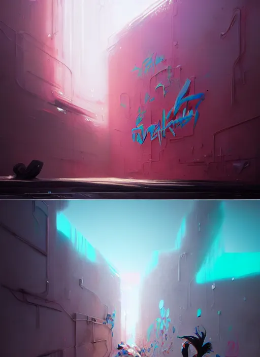 Prompt: matte painting extreme offset 3 d calligraphy graffiti mural dripping paint wall extreme maximalism by atey ghailan, by greg rutkowski, by greg tocchini, by james gilliard, by joe fenton, pink, brown, black and light blue color scheme, octane render