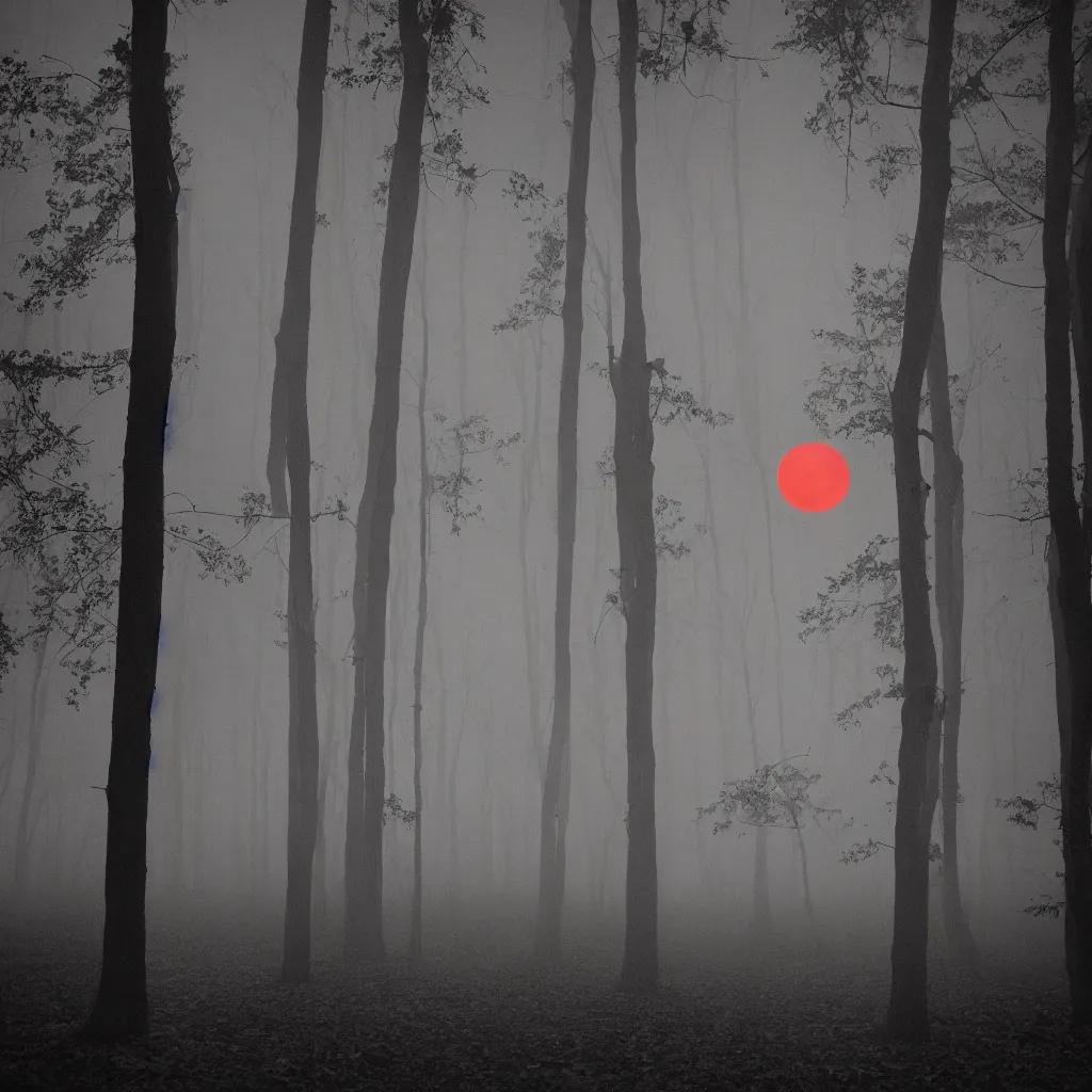 Image similar to Eerie forest at night, shadows, red moon in background