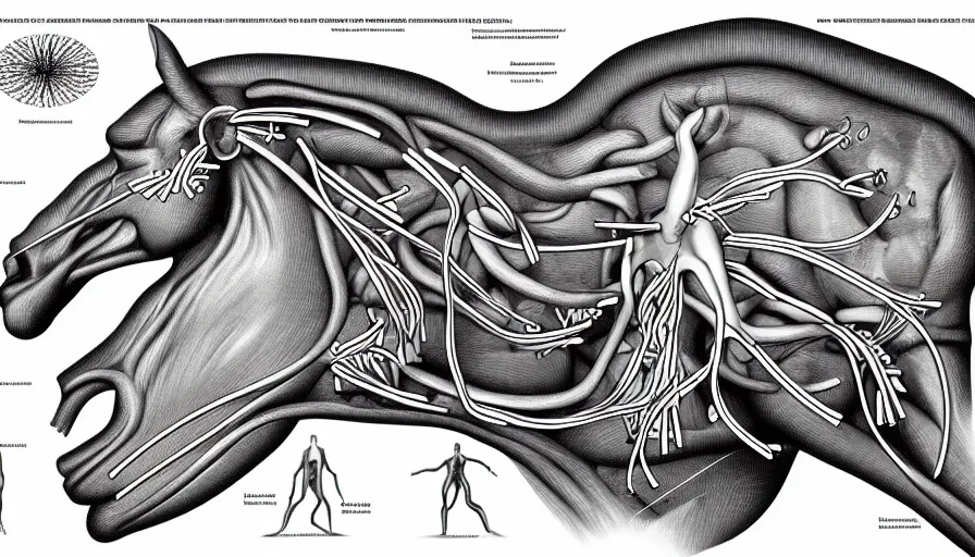 Image similar to psychedelic anatomically accurate labeled medical diagram of centaur, intricate parts, fine details, hyper realistic, elegant minimalism, by seichen, surreal