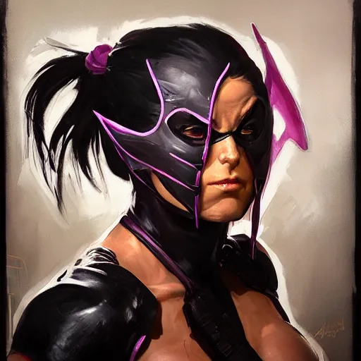 Image similar to greg manchess portrait painting of mileena from mortal kombat wearing a mask covering her mouth as overwatch character, medium shot, asymmetrical, profile picture, organic painting, sunny day, matte painting, bold shapes, hard edges, street art, trending on artstation, by huang guangjian and gil elvgren and sachin teng