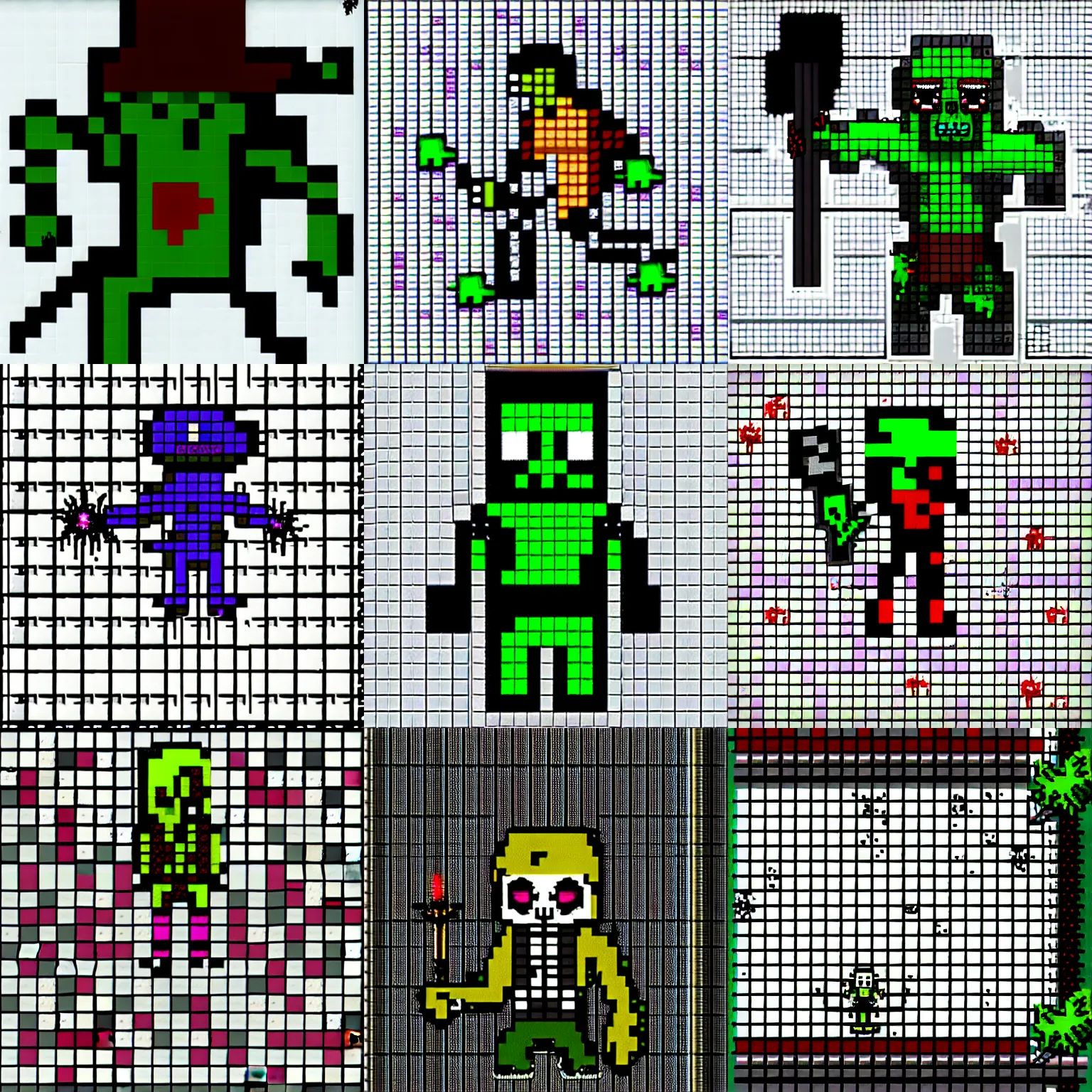 Prompt: a zombie sprite from roguelike rpg game, msxotto +, undeadpeople tileset, pixel art, horror art, masterpiece, dark, gothic, very detailed, a single sprite on white background