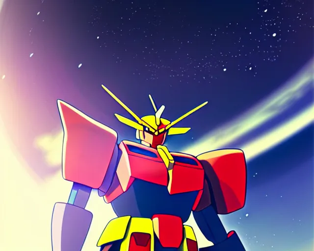 Image similar to anime illustration of a large robust gundam, over looking saturn, wide shot, bokeh, ilya kuvshinov, anime, pixiv top monthly, trending on artstation, cinematic, danbooru, zerochan art, kyoto animation