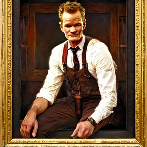 Image similar to neil patrick harris is a railroad worker, painting by gaston bussiere, craig mullins, j. c. leyendecker, tom of finland