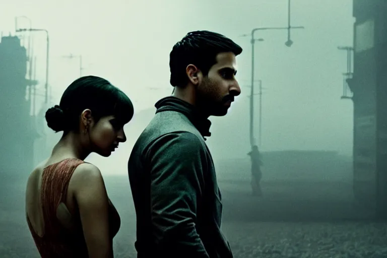 Image similar to film still of closeup beautiful model indian couple in blade runner 2 0 4 9, train station, cinematic, moody, gritty neon noir by emmanuel lubezki