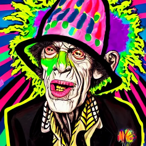 Image similar to old man wearing voodoo hat, mick jagger, art by meow wolf