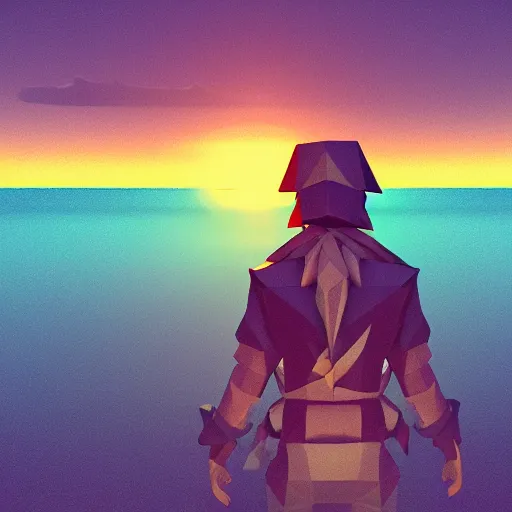 Image similar to a low-poly pirate looking out into an ocean sunset