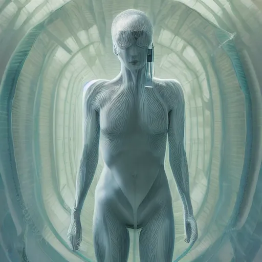 Prompt: female suspended weightless in water inside glass tank. wearing light blue complex hyperdetailed technical suit. white hair flowing. reflection. rays and dispersion of light. volumetric light. 5 0 mm, f / 3 2. noise film photo. ultra realistic, wide angle. wayne barlowe, hajime sorayama aaron horkey, craig mullins