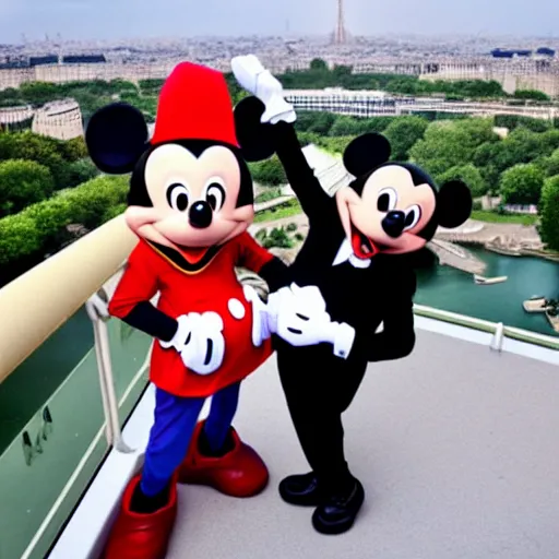 Prompt: Mickey Mouse on Eiffel Tower taking selfie