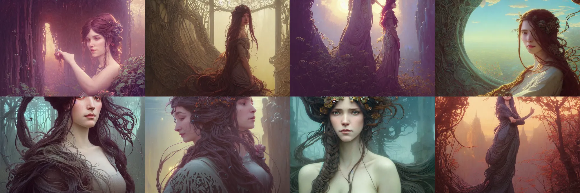 Image similar to highly detailed portrait of a woman with long hairs, stephen bliss, unreal engine, fantasy art by greg rutkowski, art nouveau, loish, rhads, ferdinand knab, makoto shinkai and lois van baarle, ilya kuvshinov, rossdraws, tom bagshaw, alphonse mucha, global illumination, radiant light, detailed and intricate environment