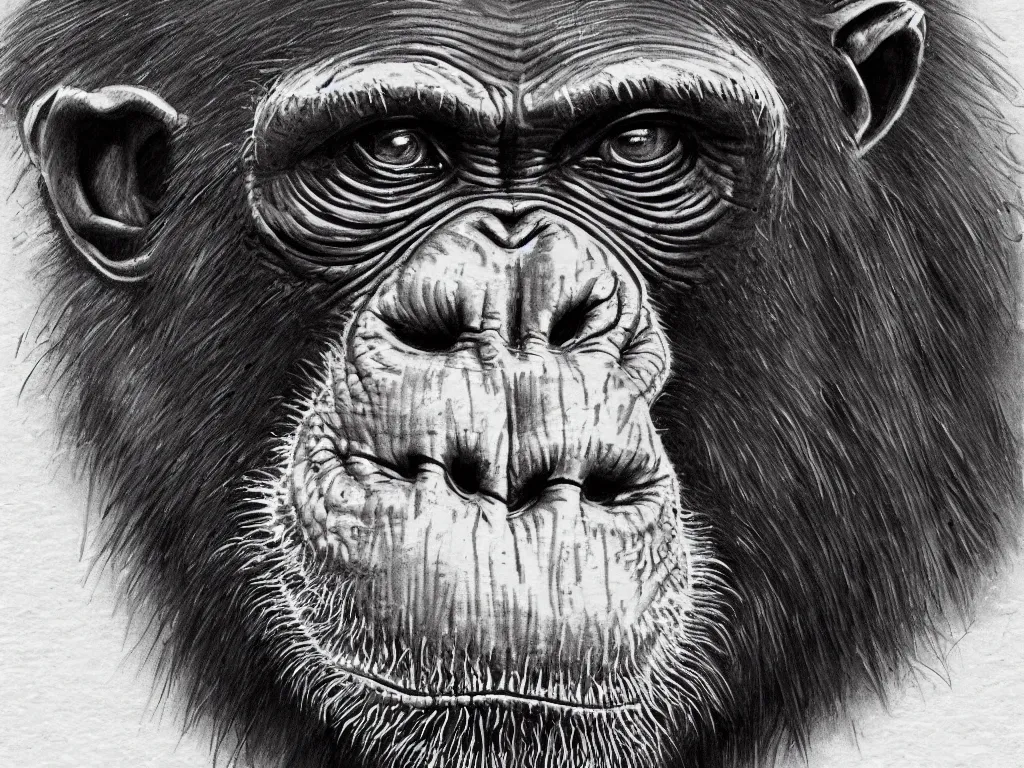 Image similar to Zoological illustration sketch of a chimpanzee with intricate ornate details and embellishments, high detail, hyperrealistic, concept art, artstation, 8k