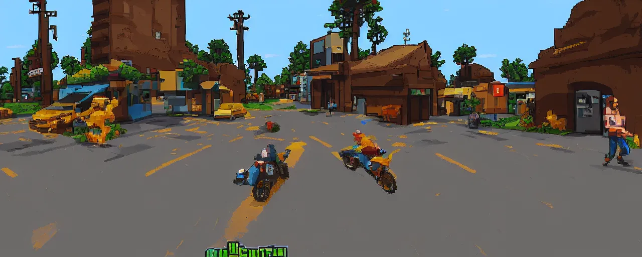 Prompt: a pixel art open world 3d fps game, grand theft auto style, very detailed