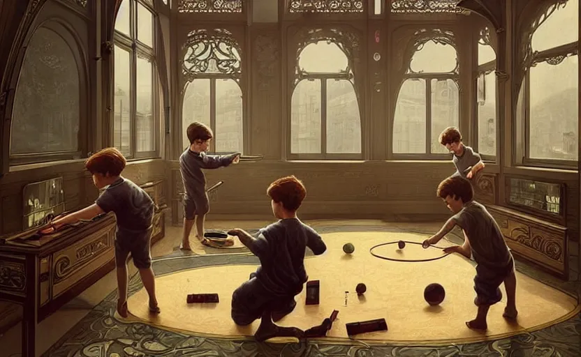 Prompt: 1 9 0 0 s, art nouveau, two boys playing game at a spacious gaming room with their hi - tech gaming setup, intricate, highly detailed, spacious, indoor, architecture, art by filip hodas and artgerm