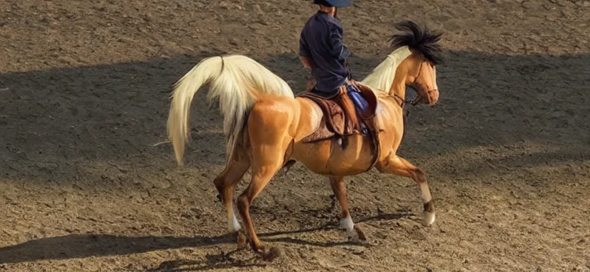 Image similar to “ luffy riding horse, side shot, 8 k resolution, high detailed ”